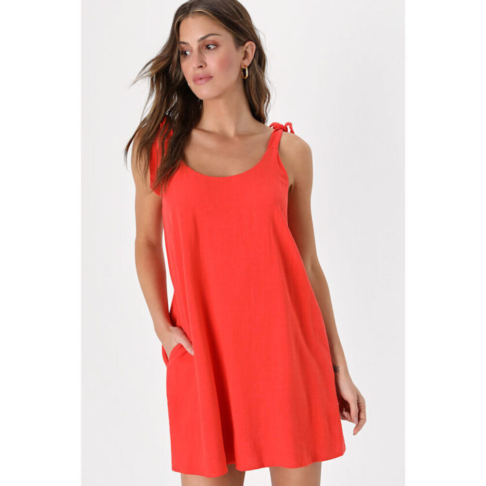 Lulus Easy Breezy Babe Red Orange Tie-strap Mini Dress With Pockets - Size M